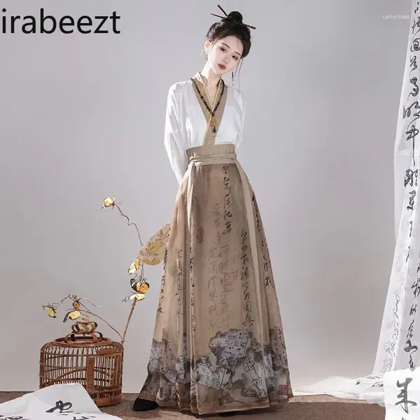 Vestidos de trabajo Originales Ming Hanfu Femenino Estilo chino Diario Diario Han Elements Vintage Horse Falda traje Cinjunto de dos pianas Mujer