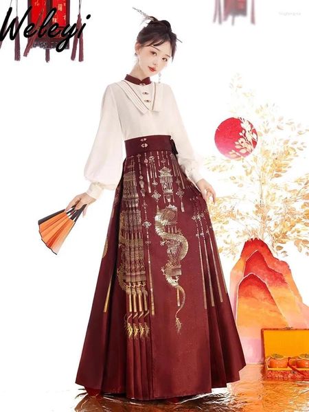 Vestidos de trabajo Original Ming Hanfu Mujer Camisa y falda mejoradas para Woen Light Natione Style Mujer Tejido Golden Red Horse Face Traje
