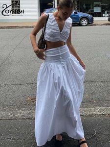 Werk jurken oymimi mode witte katoen sets dames 2-delige elegante v-hals mouwloze crop tops en losse knoop-enkellengte rokken