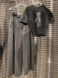 Robes de travail ensembles de pantalons coréens deux pièces 2024 Vêtements féminins Diamond ours tricot tops hauts hautes taille