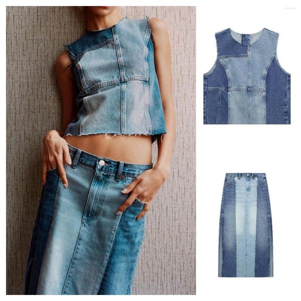 Robes de travail Patchwork femmes Denim jupes ensemble mode taille moyenne jean jupe dames 2023 été Midi avec fente Streetwear longue