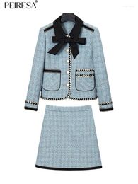 Robes de travail PEIRESA 2024 automne hiver en jupe en Tweed 2 pièces ensembles femmes tenue couleur bloc nœud revers veste courte manteau Mini