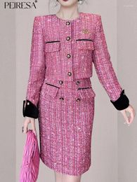 Vestidos de trabajo PEIRESA Woolen Tweed Conjunto de dos piezas para mujeres 2024 Otoño Invierno Color Block O Cuello Chaqueta corta Bodycon Mini Falda Traje