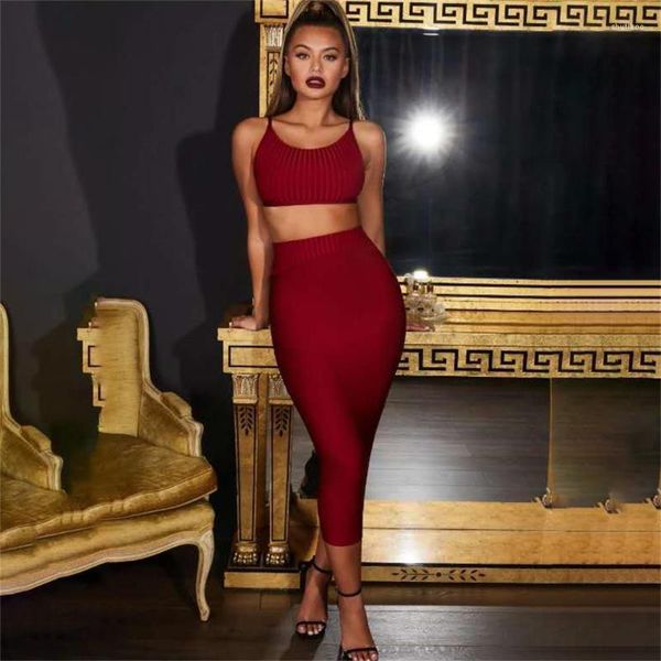 Robes de travail pièce ensemble vin rouge sangle Sexy Midi mollet dos nu célébrité Cocktail bodycn fête pansement robes travail