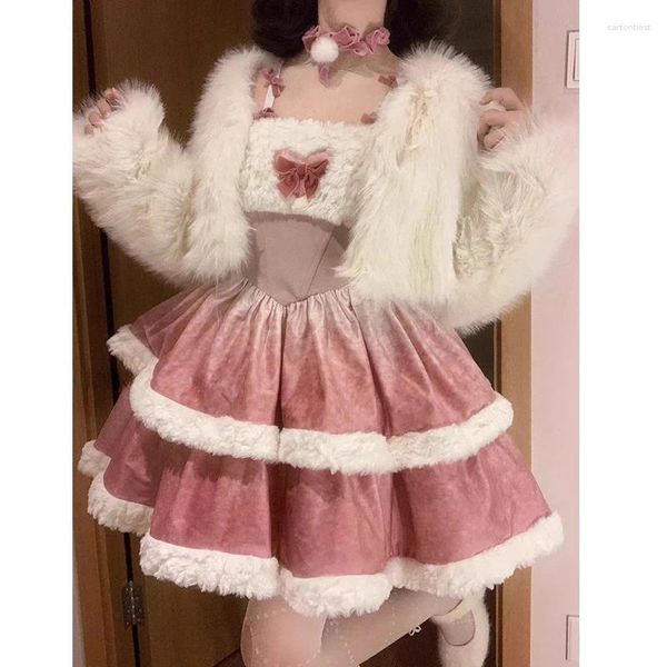 Robes de travail Rose élégant rétro deux pièces ensemble femmes doux manteau en peluche Kawaii Bow Mini robe costume femme mode coréenne Lolita fête jupe