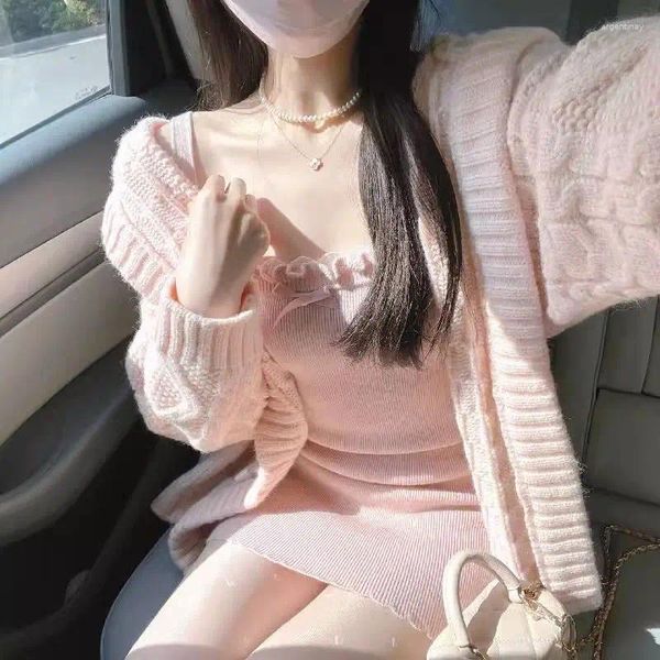 Robes de travail rose français vintage deux pièces set femmes chaudes japonais sweet tricot robes costume femelle élégante arc coréen mode ruched 2024