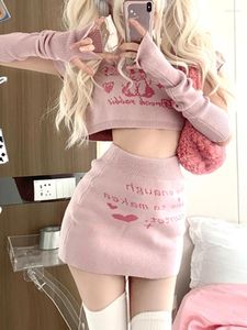 Werkjurken roze Japanse kawaii 3 -delige set vrouwen print zoete schattige rokpak vrouwelijk gebreide Franse crop tops feest mini