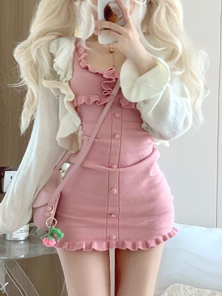 Robes de travail rose japonais Kawaii deux pièces ensemble femmes tricoté français élégant sangle robe costume femme froncé mince Style coréen automne 2024