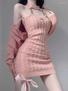 Werk Jurken Roze Koreaanse Sexy Tweedelige Set Vrouwen Ketting Zoete Vintage Mini Jurk Pak Vrouwelijke Lange Mouw Jas Designe Halterneck 2023