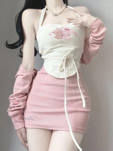 Robes de travail Rose Style coréen Trois pièces Ensemble Femmes Moulante Élégante Sexy Fête Mini Jupe Costume 2024 Y2k Tricot Manteau Kawaii Lolita Camis Tops