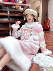 Robes de travail Jupe en laine à carreaux rose pour femmes Bouton de corne d'hiver d'hiver automne