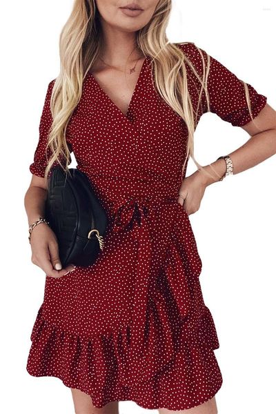 Vestidos de trabajo Rosa/Rojo/Albaricoque Bohemio Estampado de puntos Envoltura Cuello en V Con volantes Mini vestido Trajes Mujer Verano Manga corta Parte inferior Acabado