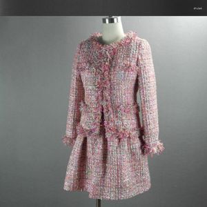 Robes de travail rose paillettes Tweed veste jupe costume automne/hiver femmes dames manteau Tutu jupes 2 pièces ensemble