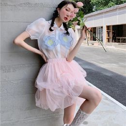Werkjurken roze rok baby pop voor vrouw tweedelig pak sprookjeshirt shirt top net gaas gezwollen Koreaanse kawaii lolita tops