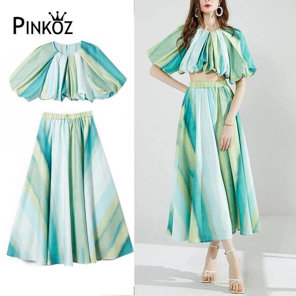 Robes de travail Pinkoz Green Shorts Tops lâches imprimées à manches bouffantes Blouse MIDI Long jupe Summer Spring High Street Clothing Suits Z