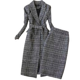 Werk Jurken Plaid Pak Vrouwen Herfst Winter Lange Wollen Blazer Rok Set Temperament Tweed Geul Tweedelige Plus Size outfit F1834