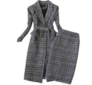 Werk Jurken Geruite Pak Dames Herfst Winter Lange Wollen Blazer Rok Set Temperament Tweed Geul Tweedelige Plus Size Outfit F183216774