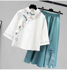 Robes de travail grande taille 2XL Style chinois femmes jupes costume 2022 été rétro broderie Blouse amélioré Hanfu jupe deux pièces ensemble