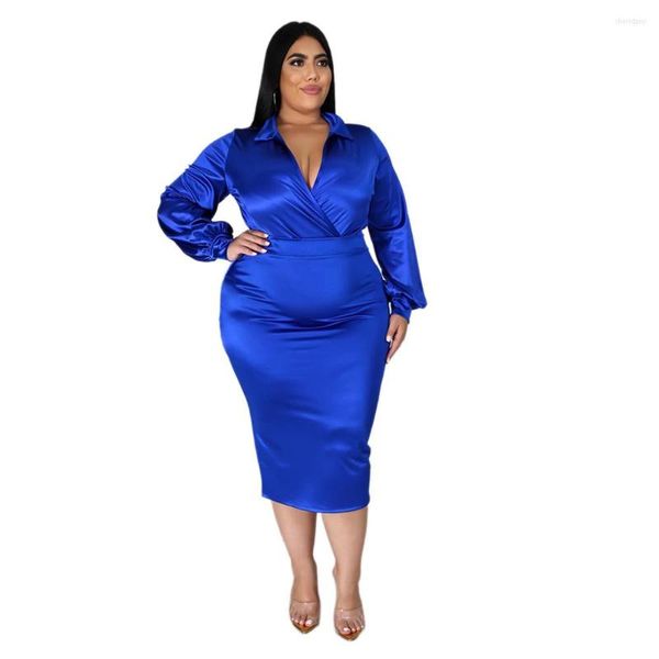 Robes de travail grande taille vêtements 5XL deux pièces ensemble femmes chemise et jupe Satin tissu bureau dame élégante tenue de fête en gros goutte