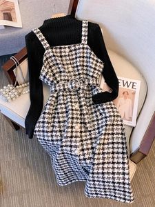 Werkjurken plus maat hoogwaardige vrouwen outfits twee stukken sets Koreaanse casual gebreide trui retro plaid 4xl kleding