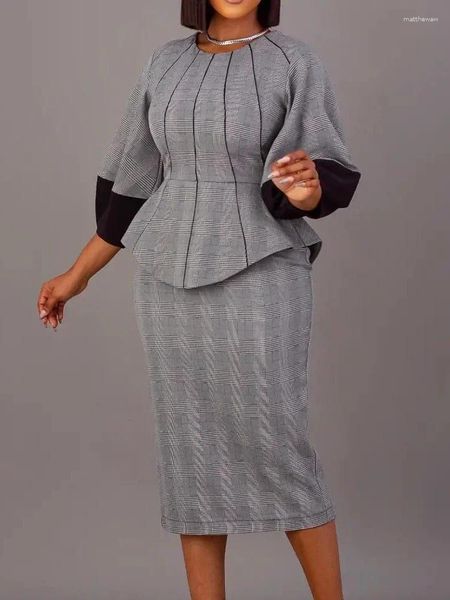 Robes de travail, plus la taille deux 2 pièces ensembles femmes imprimé à carreaux col rond chemisier à manches longues et jupes crayon élégant bureau dame tenues costume