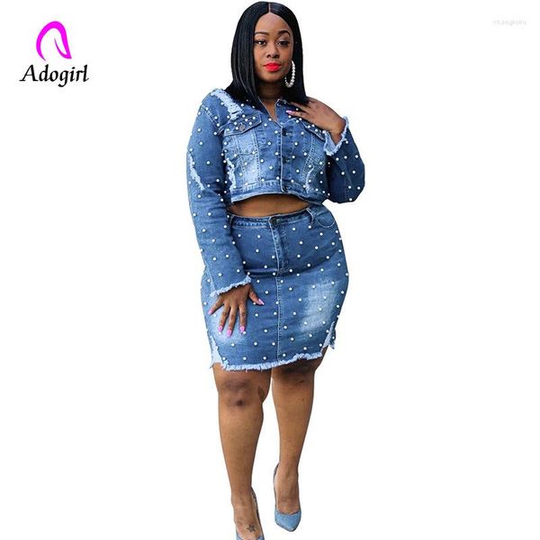 Robes de travail grande taille femmes perles jean deux pièces ensemble robe lavé trous manches longues veste courte moulante mini jupe costume assorti XL-5XL