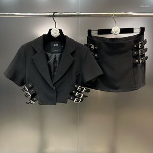 Robes de travail PREPOMP manches courtes col cranté boucles en métal épaulettes Blazer veste Style punk mince moulante jupe deux pièces ensemble