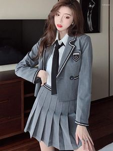 Robes de travail Preppy College Style Cropped One Button Cardigan Blazers Mini jupe plissée Ensemble 2 pièces pour filles Costume Famal Appliques