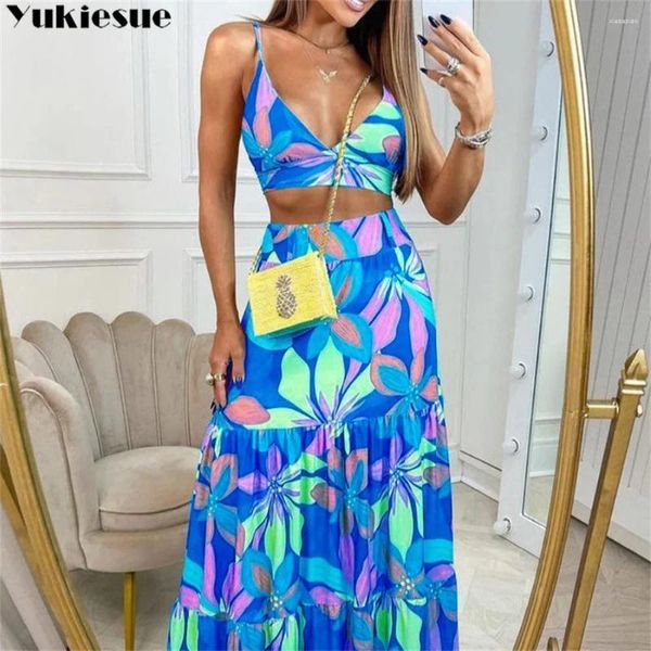 Robes de travail Imprimer Manches courtes Crop Top Jupe à volants Costume Femmes Sexy Low Cut Slim Mini jupes 2 pièces 2023 Dames d'été Fleurs élégantes