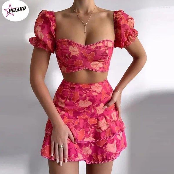 Robes de travail pulabo imprimer à manches courtes à manches courte couchage jupe à volants Femmes sexy basse coupe mince mini jupe 2 pièces Summer dames fleurs élégant