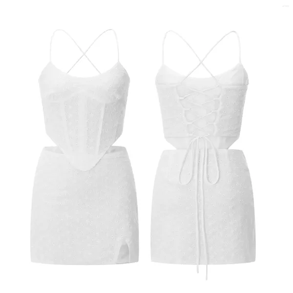 Vestidos de trabajo Puloru Flor blanca Recorte Crochet Conjuntos de 2 piezas Mujeres Sexy Clubwear Trajes Atrás Cross Tie-up Slip Corsets Crop Tops Mini