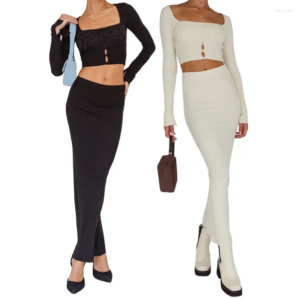 Robes de travail Puloru Femmes de robes en 2 pièces pour le printemps automne élégant mode long manche en dentelle florale bouton coupé tops crop tops enveloppe