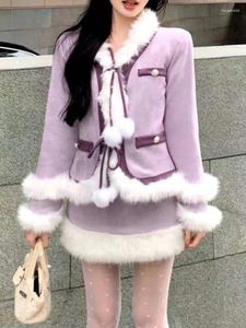 Robes de travail violet ensemble élégant femmes fausse fourrure col veste taille haute Mini jupe automne hiver correspondant manteau 2 pièces