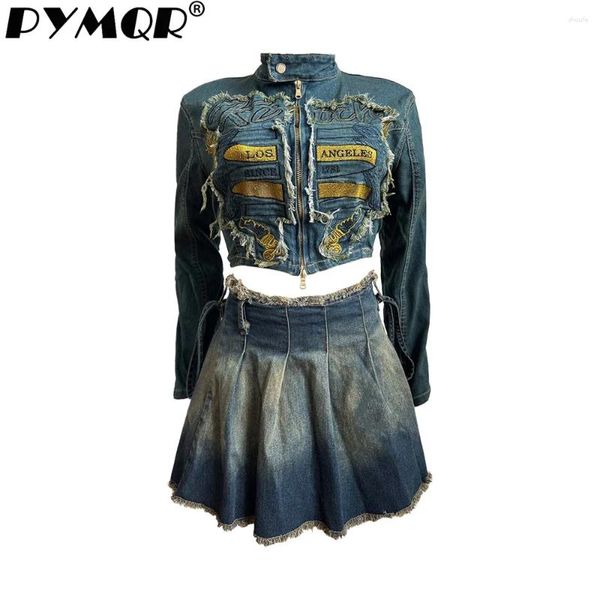 Robes de travail pymqr chemise de denim de mode 2 pièces Femme Femme broderie Top Jupe plissée en jean 2024 Summer Beach Wear Tenues Wholesale