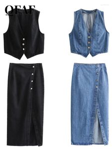 Werkjurken QFAF Denim Dameset Fashion Single Breasted Vest en Bodycon Midi Maxi Skirts 2024 Street Two 2 -Piece Dress Outfits