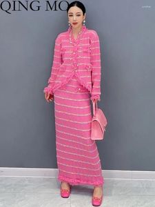 Robes de travail Qing MO 2024 Spring Automne Style coréen Small Fragrance Jupe à manteau court en deux pièces Femmes Robe noire rose ZXF3796