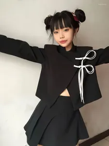 Werkjurken Qiwn Chinese Tassel Veter-up korte blazers Coats Stand kraag zwarte sets onregelmatige geplooide rokken vrouwen y2k tweedelig elegant