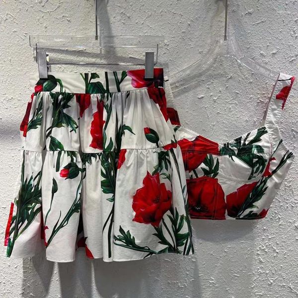 Vestidos de trabajo Red RoosaRosee Algodón puro Cuello oblicuo Sin mangas Estampado de puntos Correa Mini falda Twinset Trajes boho 2023 Conjuntos de primavera y verano