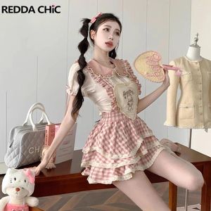 Vestidos de trabajo ReddaChic Camisa Lolita Minifalda Monos Conjunto de 2 piezas para mujer Kawaii Babydoll Adorno de encaje Mangas abullonadas Blusa Top Plaid Ruffle