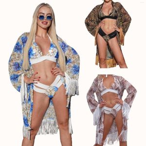 Arbeitskleider, Retro-Bikini, bedruckt, modisches Set, Badeanzug und Vertuschung mit Schal, eng anliegend, für Damen, Bandage, Sommer, Strand, luxuriös, elegant