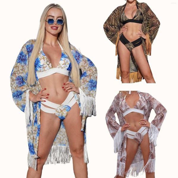 Robes de travail rétro bikini imprimé mode ensemble maillot de bain et couvrir avec châle serré bandage femme été plage luxe élégant