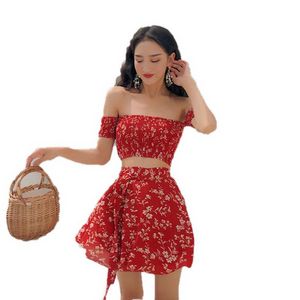 Werkjurken retro dames bloemen bedrukte rok sets twee stukken verkoop sexy schuine nek korte strapless bijgesneden tops en hoge taille A-lijn pak