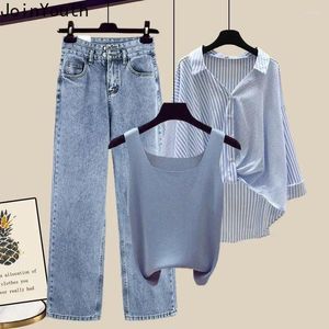 Werkjurken Roupas Femme Mode 3-delige sets Dameskleding Gestreepte blouse Tuniekvest Rechte wijde pijpen broek Y2K Jeansoutfits Koreaans