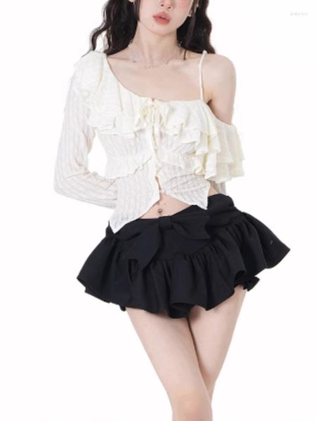 Vestidos de trabajo Volantes Moda coreana Conjunto de dos piezas Mujeres Vendaje Japonés Kawaii Mini faldas Traje Diseño femenino Blusa de encaje Falda de pastel dulce