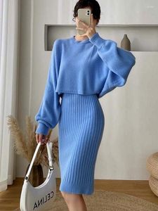 Werkjurken Runway Herfst Winter Lange mouw Koreaanse gebreide top Trui Elegante slingjurk Dameskleding vestido 2-delige set