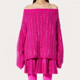 Werkjurken catwalk mode kralen slash nek gebreide batwing mouw luxe roze roze oversize trui merk geplooide mini rokpak