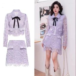 Robes de travail Piste d'été Pruple Lace Two Piece Set Elegant Women Doll Collar Up Bow Bouded Button Hollow Out Tops Mini Jirt Costumes