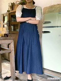 Robes de travail S Date Tenues Mignon Femmes Filles Français Chic Sans Manches Spaghetti Sangle Vintage Long Denim Jeans Bleu Brace Chemise Robe