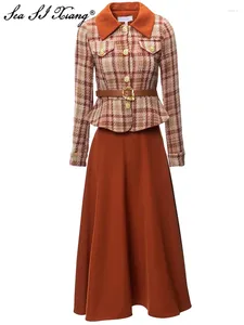 Werkjurken Seasixiang modeontwerper herfstpak vrouwen lange mouw riem met een borste borsten tweed jas rok kantoor dame 2-delige set