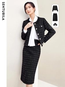 Werkjurken Sentubila Tweed Plaid Set Women Outfits 2024 Autumn Elegant Office Ladies Jacket Midi Rok vrouwelijk Chic 2 -delige sets 133Z50779